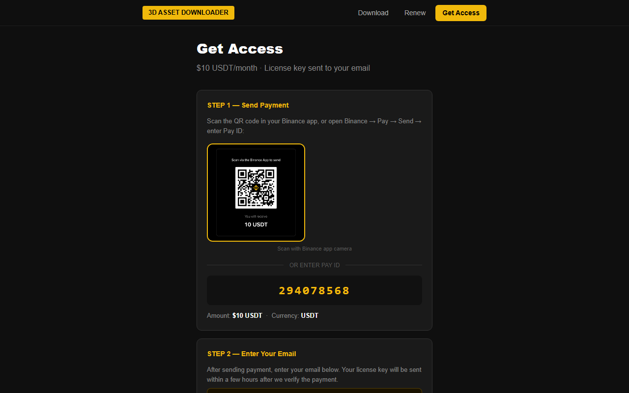 Pay page showing Binance QR code and Pay ID