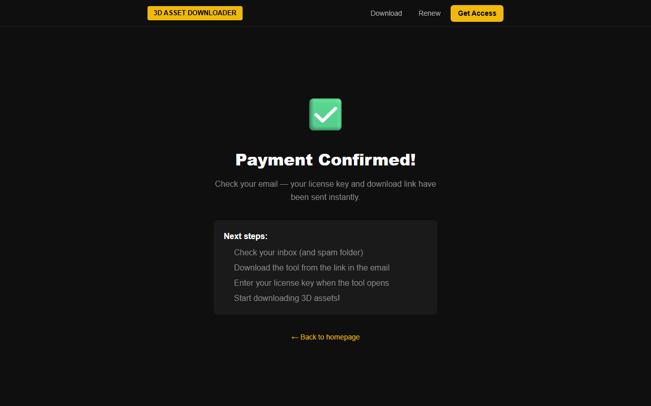Payment confirmed — license key sent to email